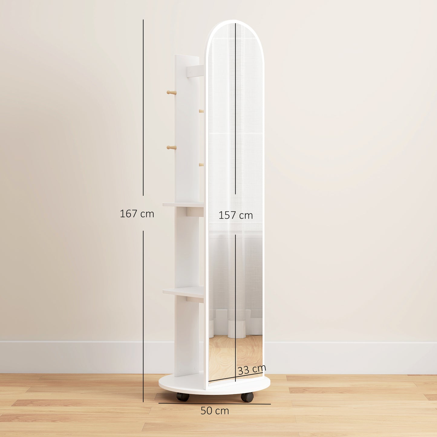 2-in-1 Full Length Mirror with Storage Shelves, Floor Mirror with 4 Universal Wheels, Coat Rack, 4 Hooks, Space-Saving Freestanding Organiser for Bedroom, Living Room, White