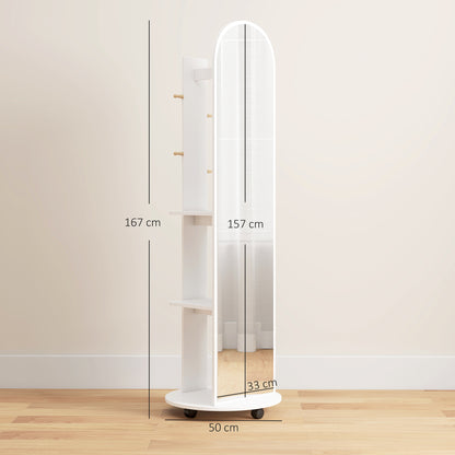 2-in-1 Full Length Mirror with Storage Shelves, Floor Mirror with 4 Universal Wheels, Coat Rack, 4 Hooks, Space-Saving Freestanding Organiser for Bedroom, Living Room, White