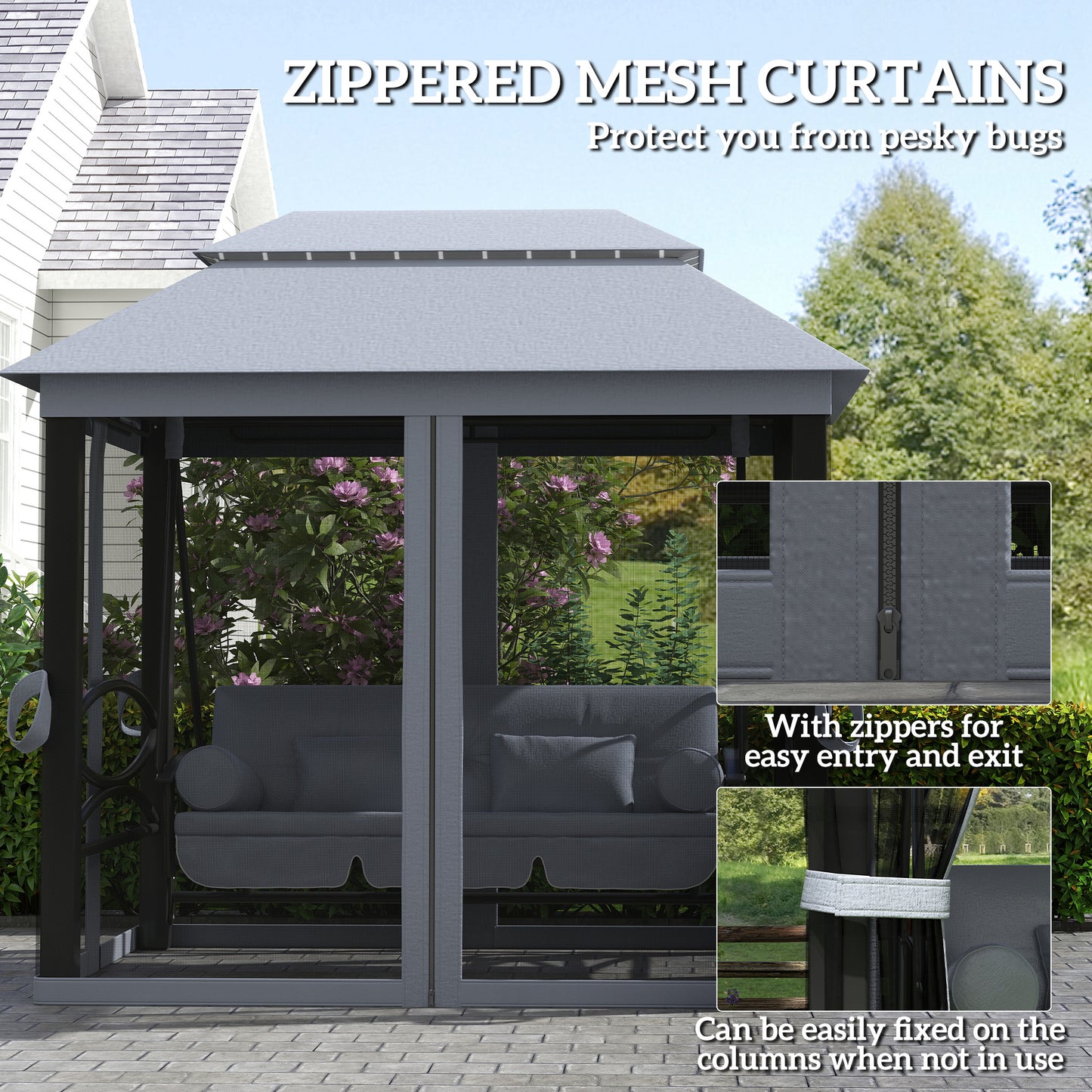3 Person Canopy Gazebo Swing Outdoor Patio Lounge w/ Mesh Walls, Grey