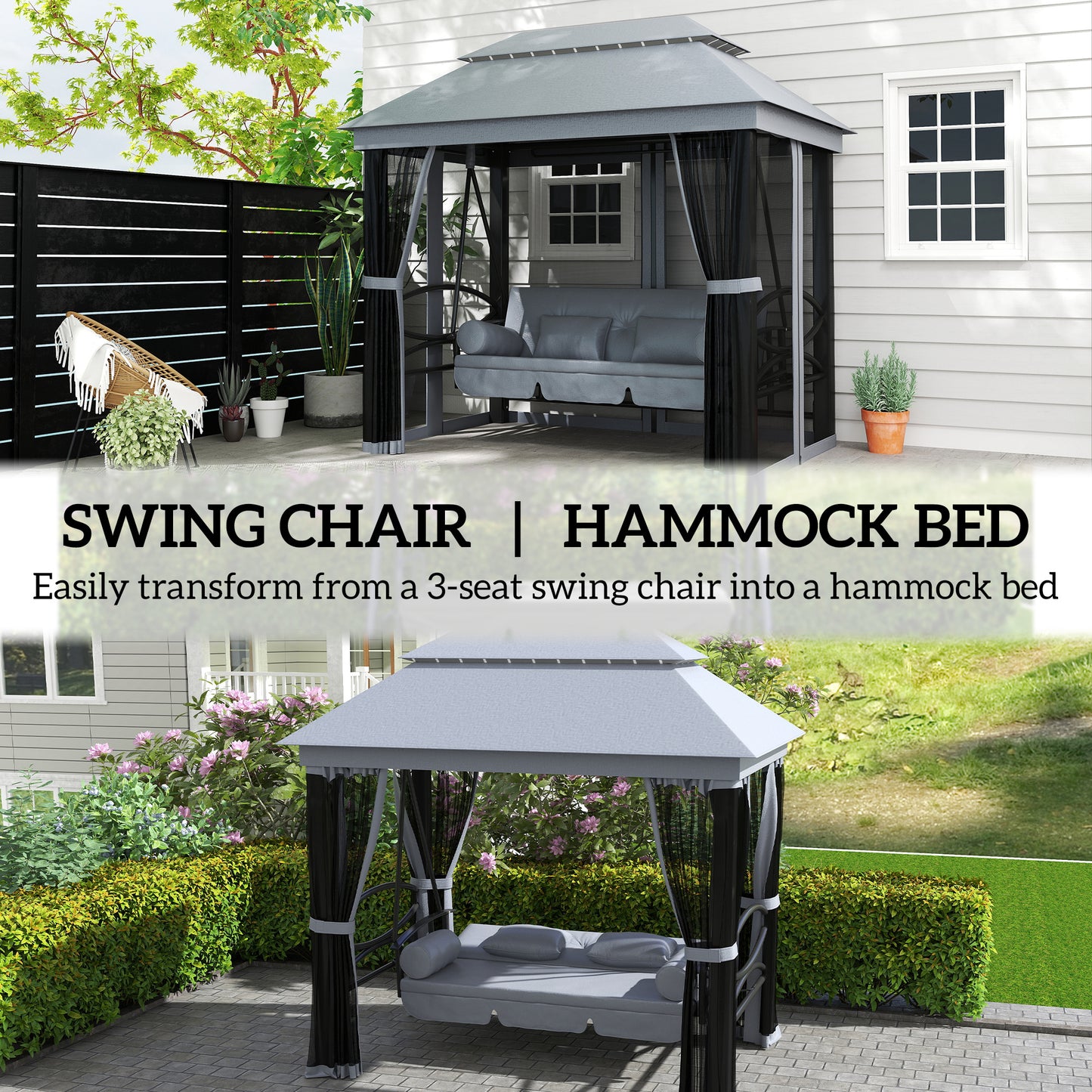 3 Person Canopy Gazebo Swing Outdoor Patio Lounge w/ Mesh Walls, Grey