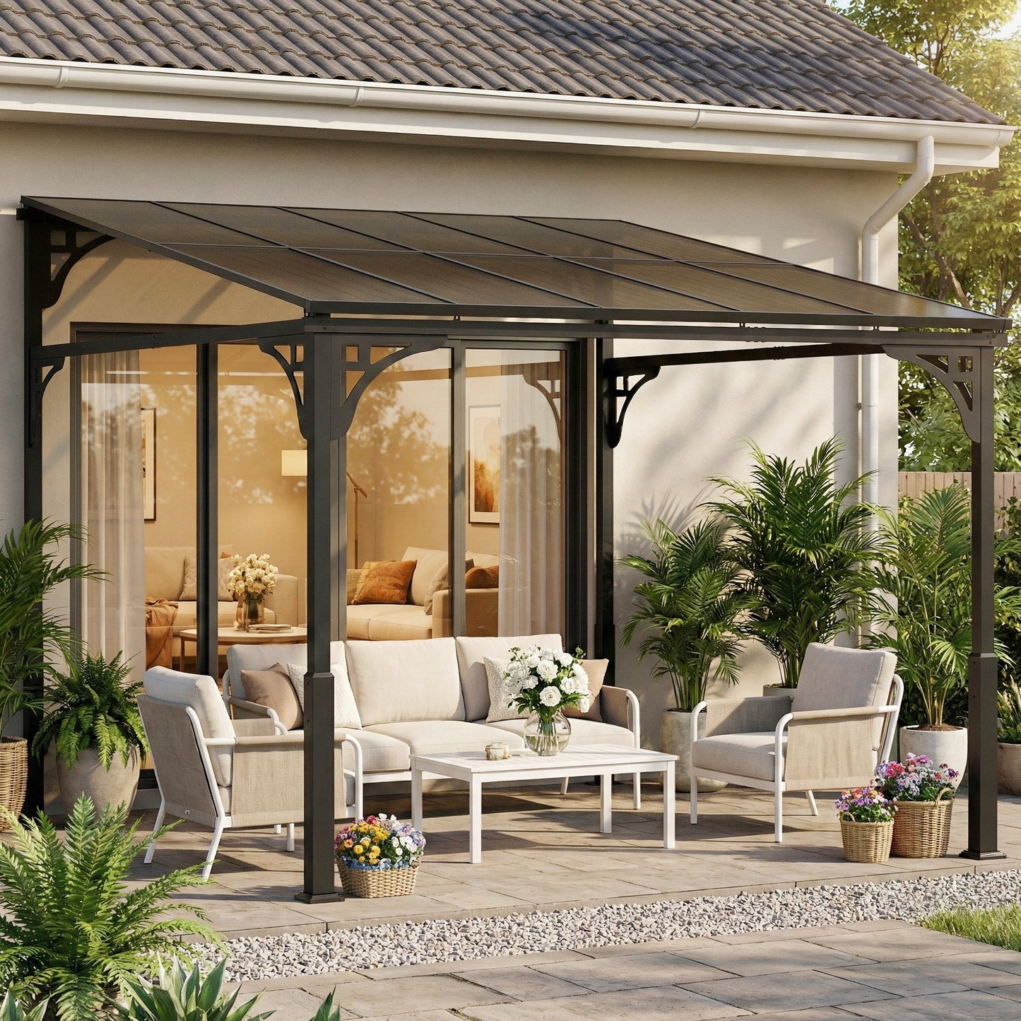 3 x 2.87 m Metal Lean-to Hardtop Gazebo, Wall-Mounted Pergola