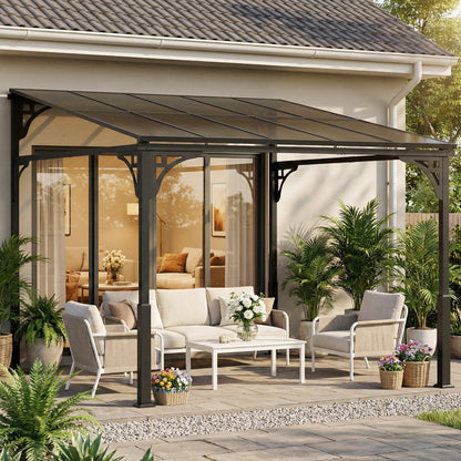 3 x 2.87 m Metal Lean-to Hardtop Gazebo, Wall-Mounted Pergola