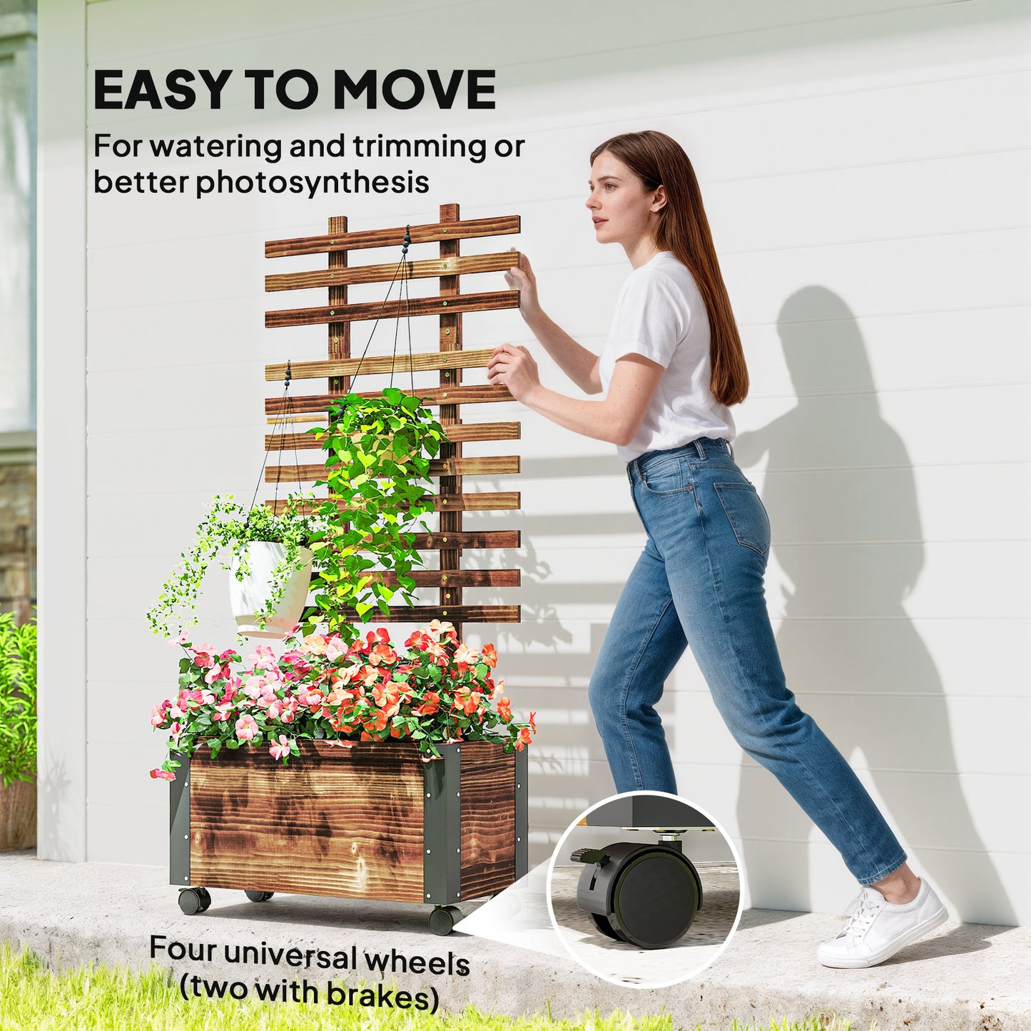 Raised Garden Bed, Wooden Planter with Trellis and Wheels