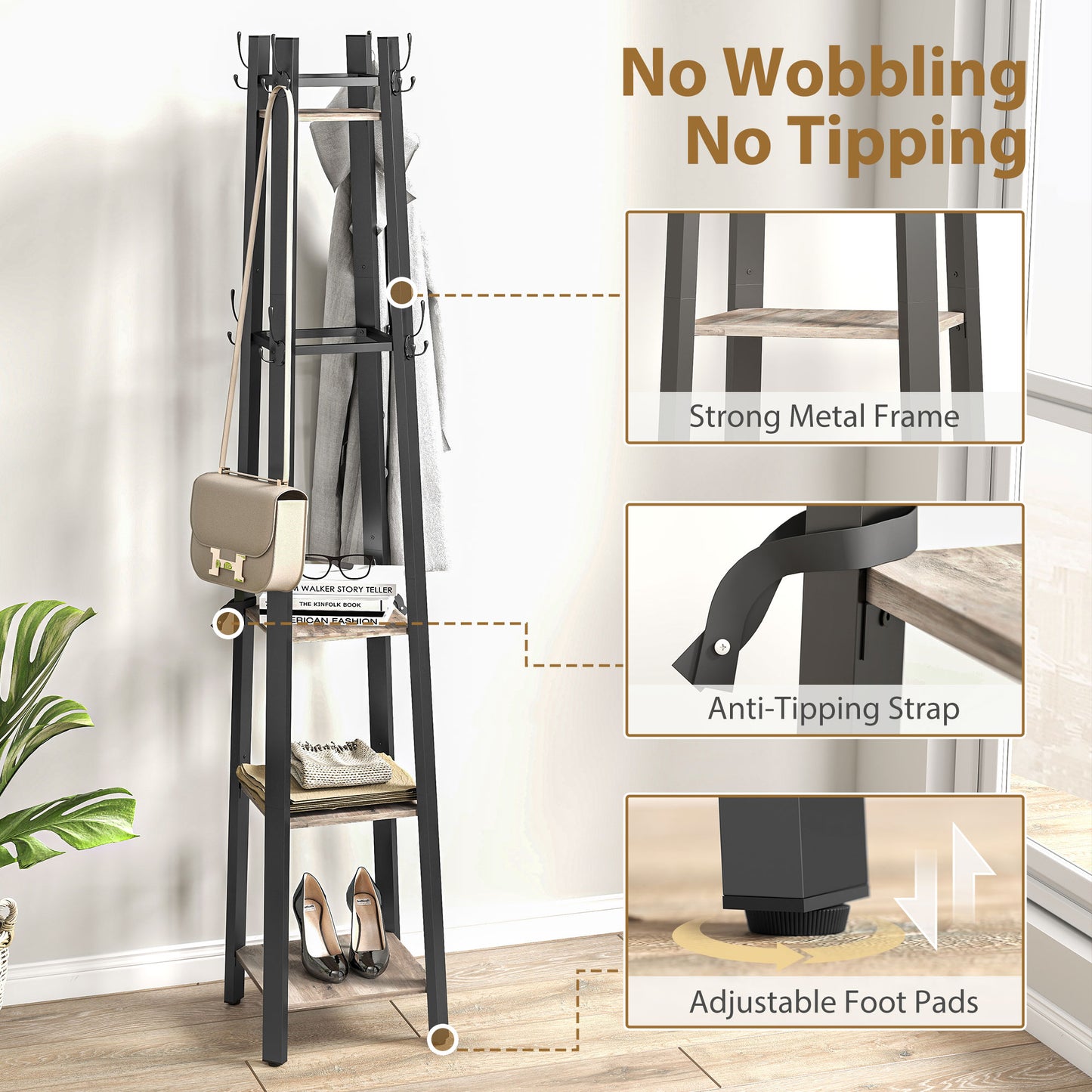 Industrial Coat Stand with 4 Storage Shelves and 8 Hooks Grey