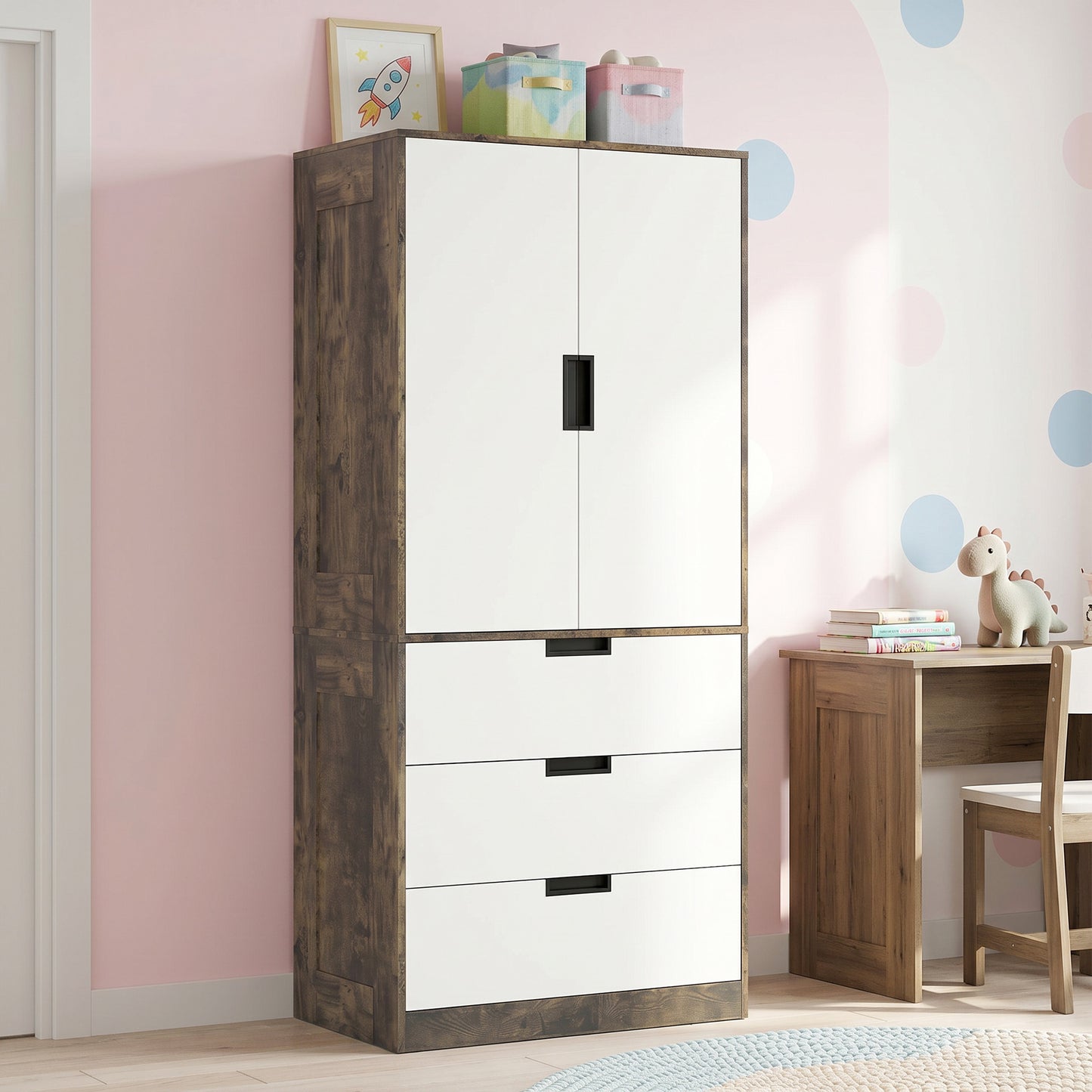 2 Door Wardrobe with 3 Drawers & Hanging Rail, Modern Clothes Storage Cupboard Unit, Bedroom Wardrobe with Soft Closing Hinge, 50D x 80W x 180Hcm, Rustic Brown