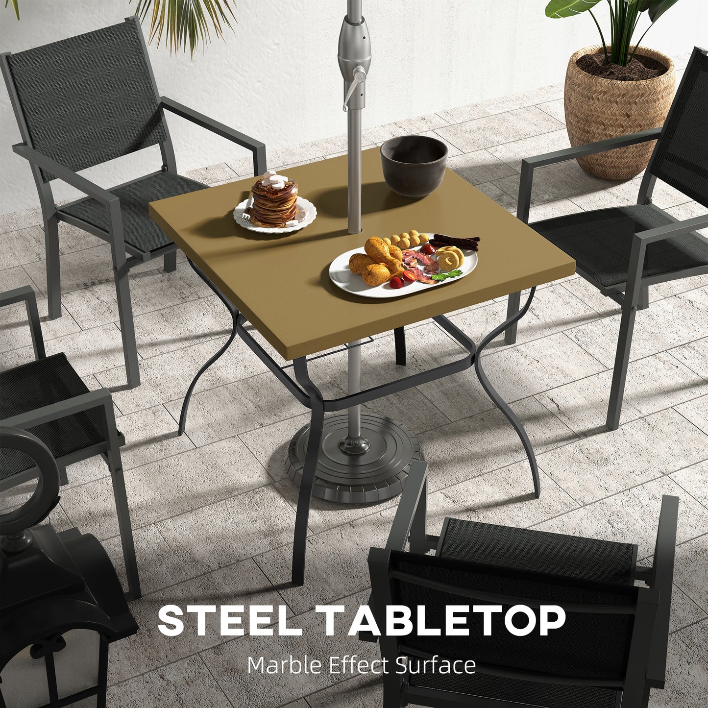 Garden Dining Table w/ Umbrella Hole, Dining Table for 4, Brown