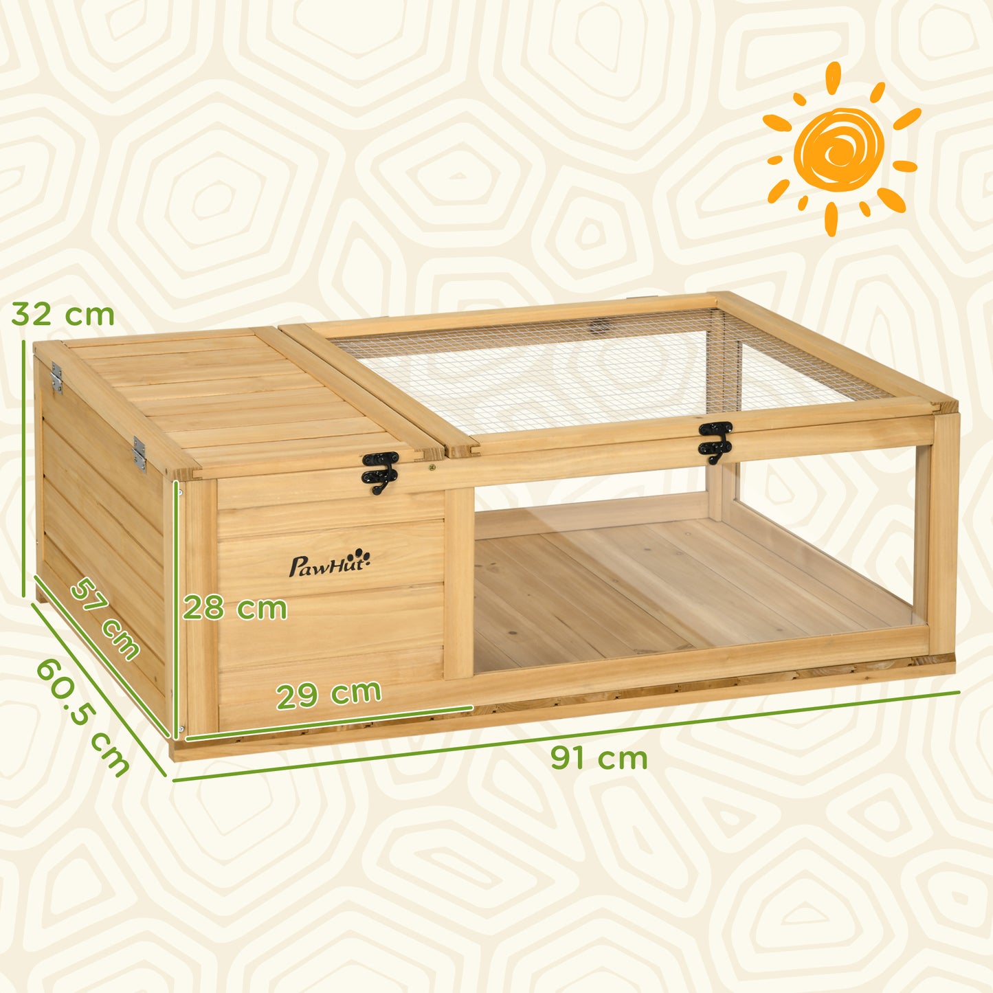 Tortoise House w/ Mesh Roof, Small Pet Reptile Wooden House - Yellow