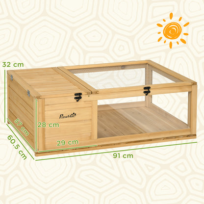 Tortoise House w/ Mesh Roof, Small Pet Reptile Wooden House - Yellow