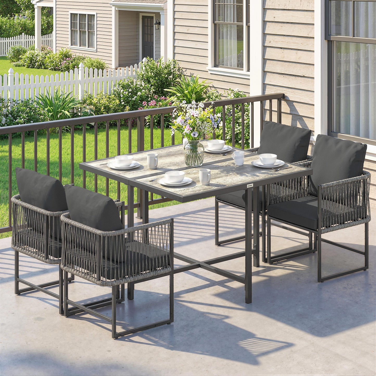 4-Seater Garden Dining Set with Space-Saving Chairs, Black