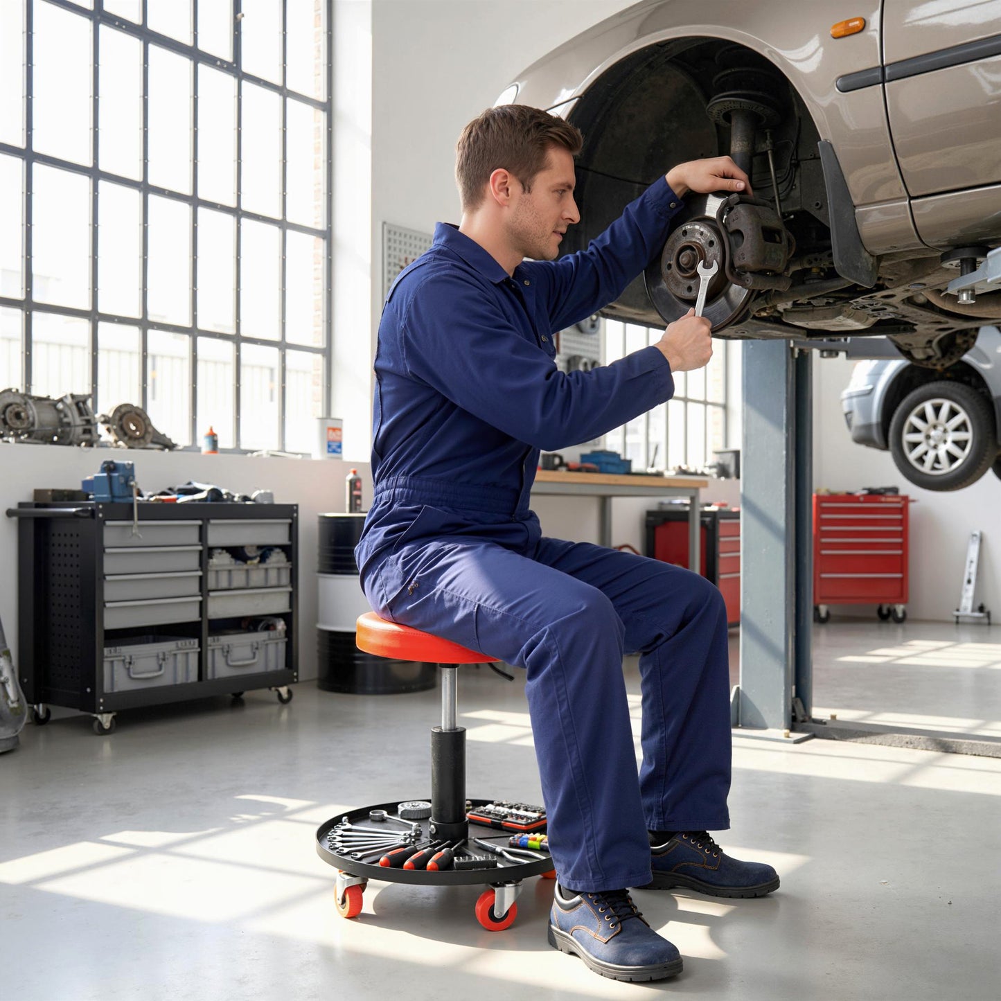 Pneumatic Adjustable Mechanic Stool w/ Tool Tray, Wheels