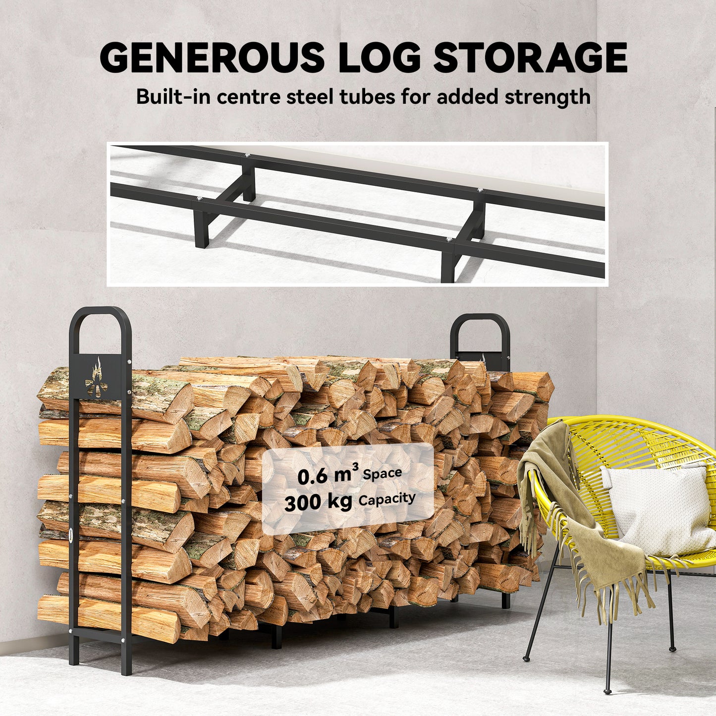 Steel Firewood Log Rack, 300 kg Indoor Outdoor Fireplace Log Holder