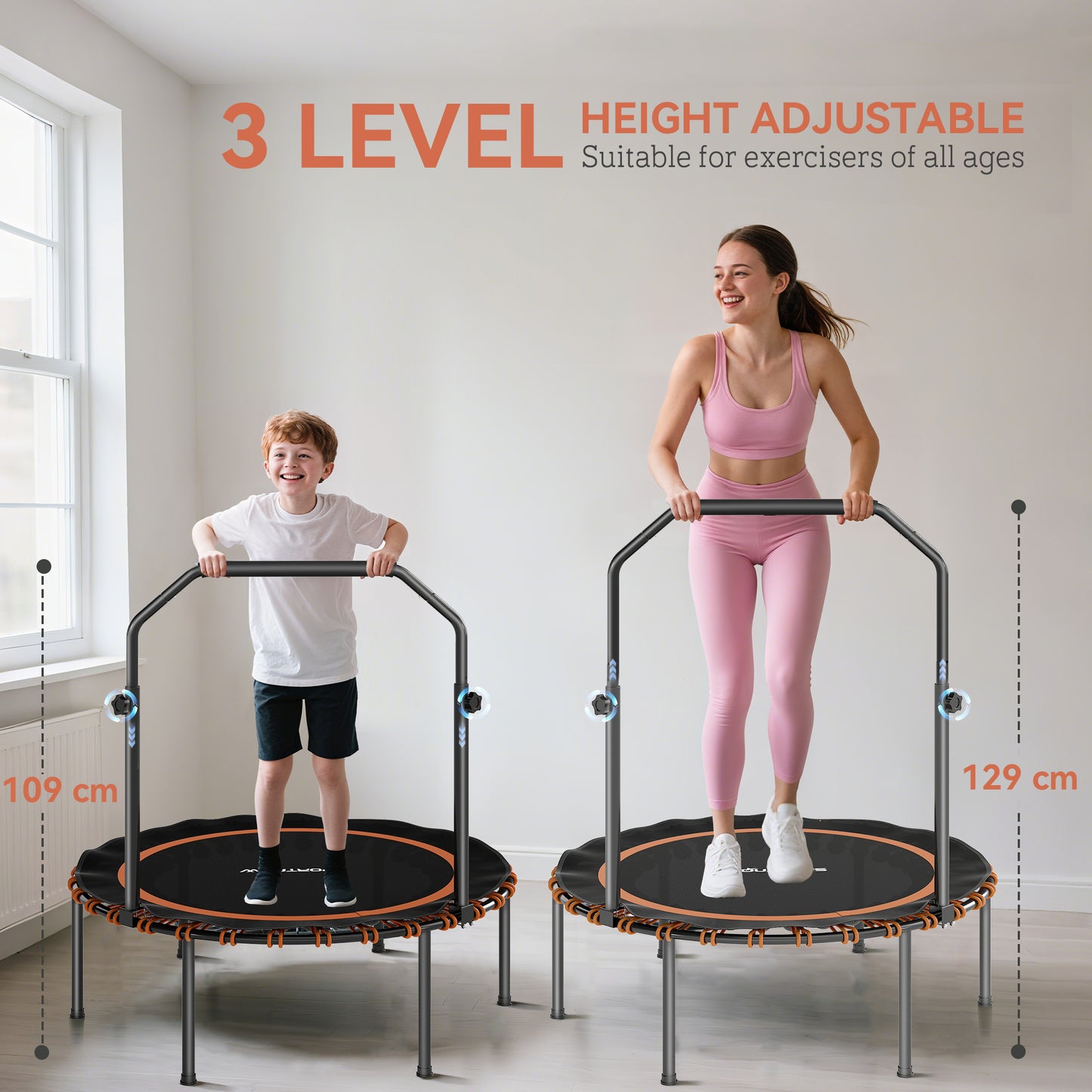 40'' Foldable Fitness Trampoline, Mini Trampoline Bungee Rebounder with 5-Level Adjustable Handle for Adults Indoor Outdoor Exercise, Orange