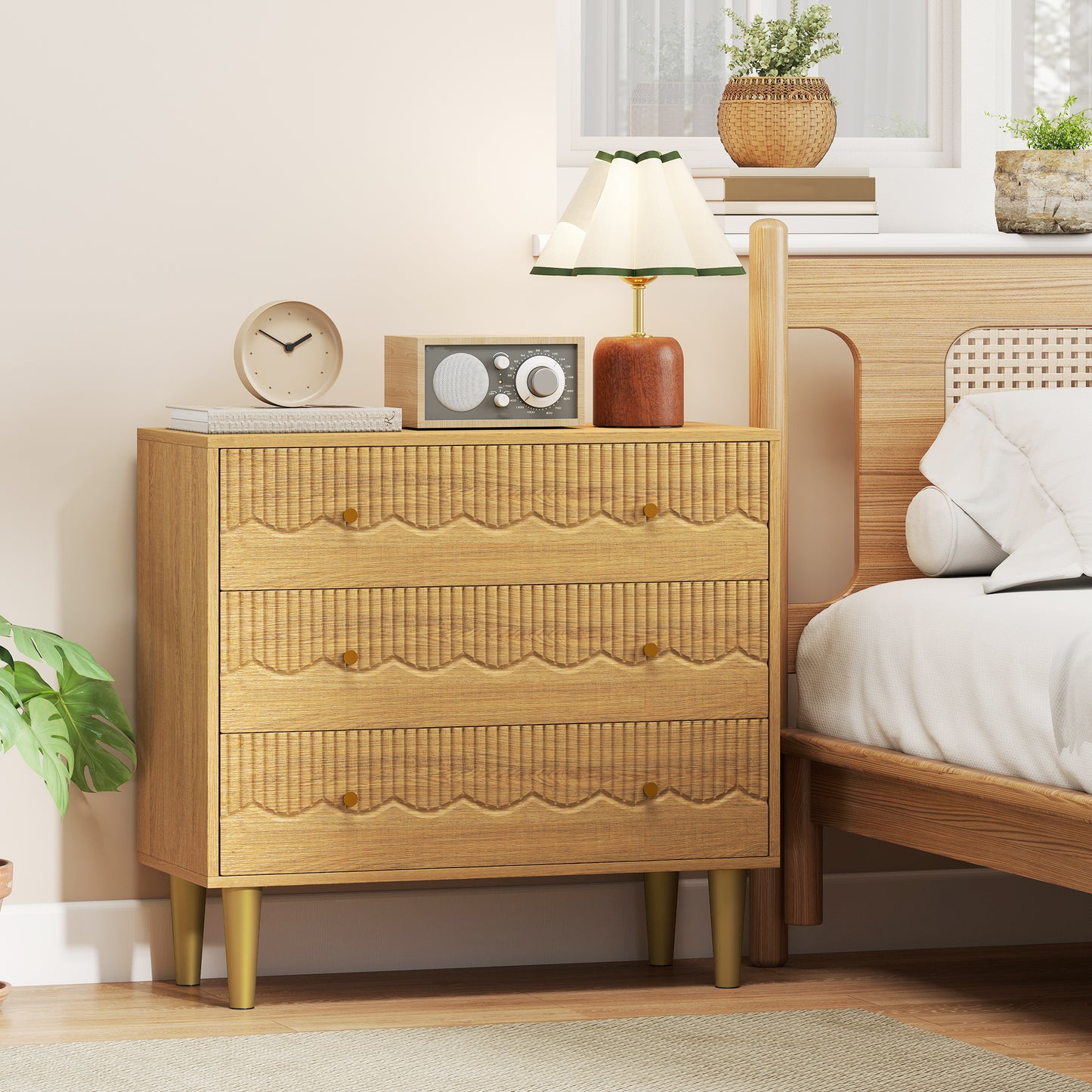 Chest of Drawers, 3 Drawer Dresser Steel Legs and Wooden Top, Oak