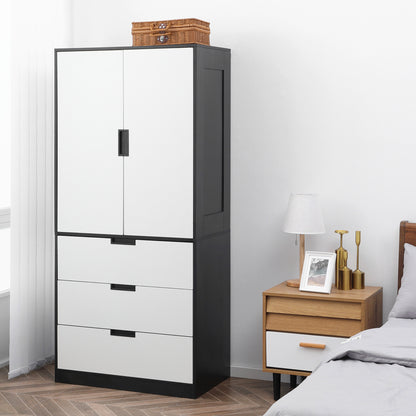 2 Door Wardrobe White Wardrobe with 3 Drawer and Hanging Rod for Bedroom