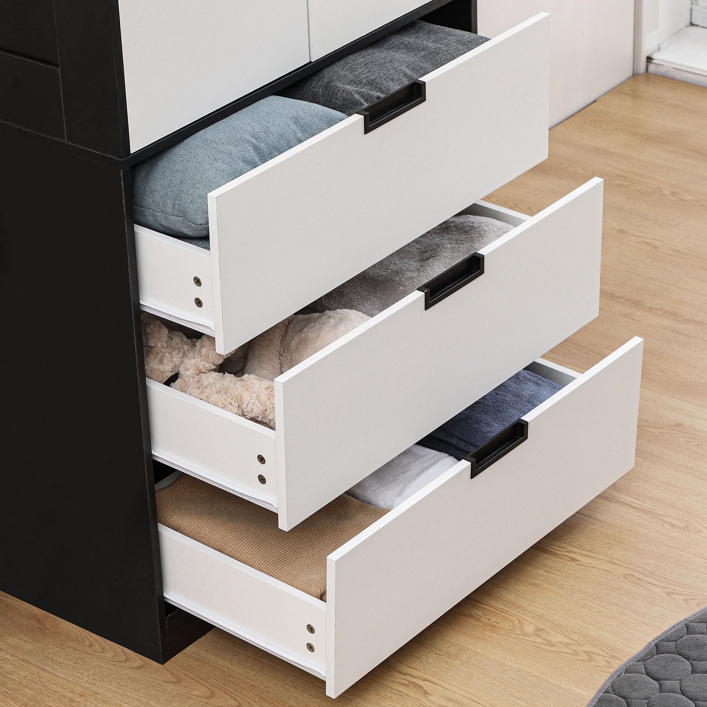 2 Door Wardrobe White Wardrobe with 3 Drawer and Hanging Rod for Bedroom