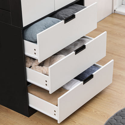 2 Door Wardrobe White Wardrobe with 3 Drawer and Hanging Rod for Bedroom