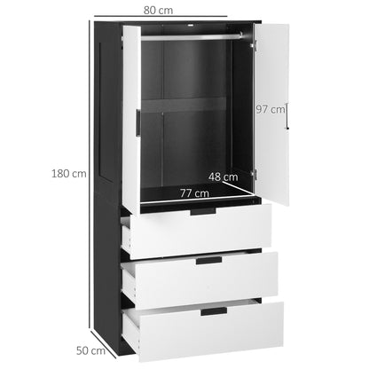 2 Door Wardrobe White Wardrobe with 3 Drawer and Hanging Rod for Bedroom