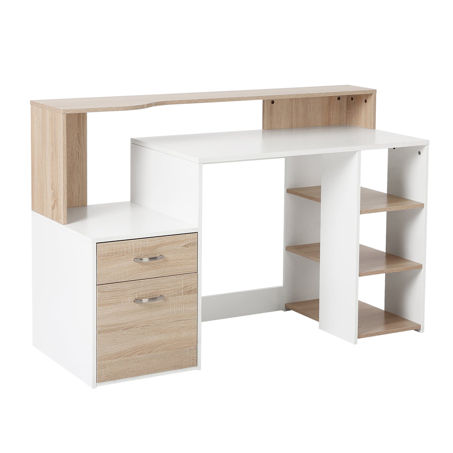 Computer Desk PC Table Modern Home Office Writing Workstation Furniture Printer Shelf Rack w/ Storage Drawer & Shelves (Oak and white)