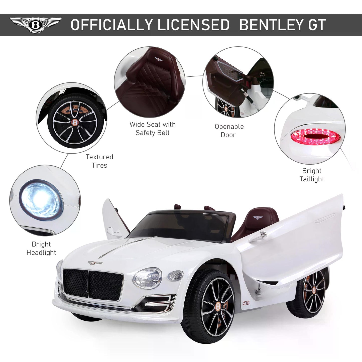 HOMCOM Compatible 12V Kids Children Electric Ride-on Car Bentley GT Twin Motors with LED Lights Music Parental Remote Control White