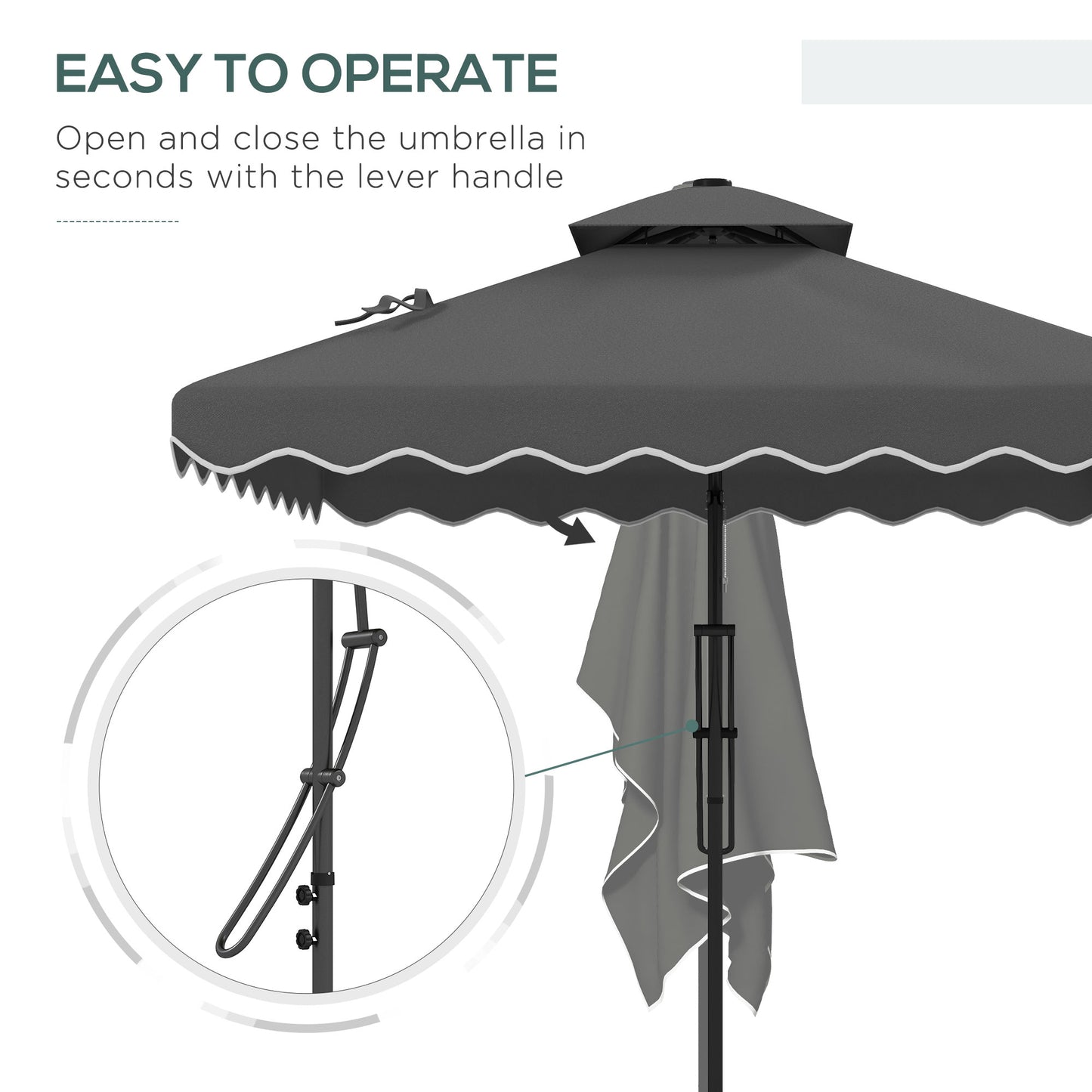 2.5m Square Double Top Garden Parasol Cantilever Umbrella with Ruffles, Grey