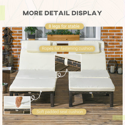 2 Pieces Rattan Sun Loungers w/ Padded Cushion for Poolside Cream White