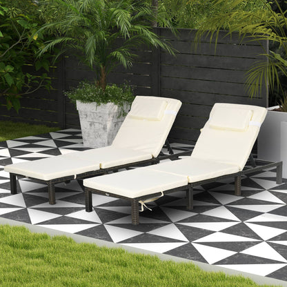 2 Pieces Rattan Sun Loungers w/ Padded Cushion for Poolside Cream White