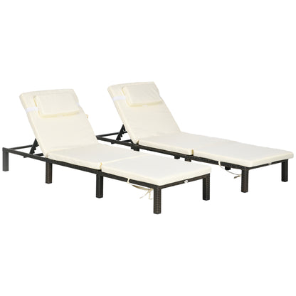 2 Pieces Rattan Sun Loungers w/ Padded Cushion for Poolside Cream White