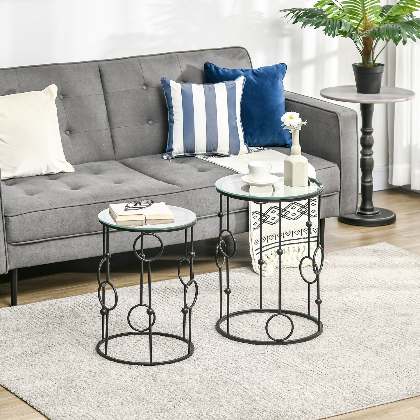 Set of 2 Nesting Coffee Table, Side Tables with Glass Top, Black
