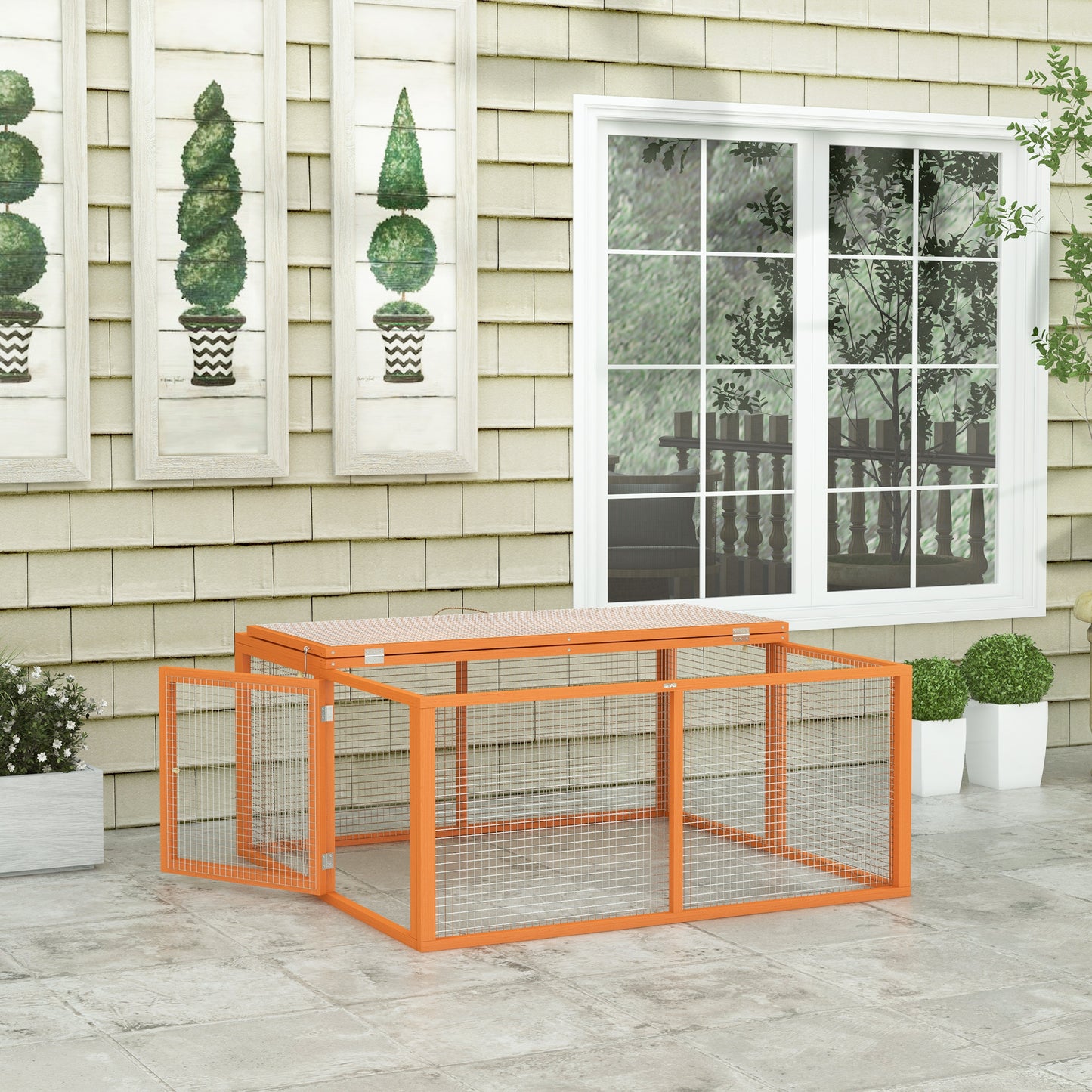 Rabbit Hutch, Folding Wooden Rabbit Run with Openable Top, Orange