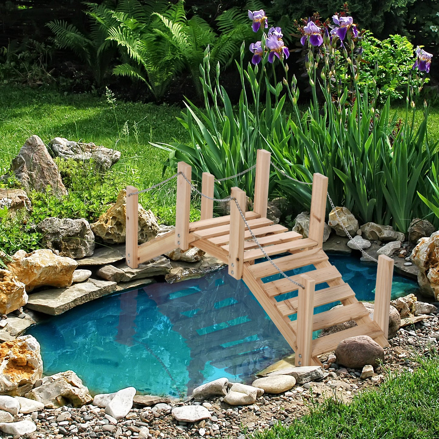 Fir Wooden Garden Bridge, Arch Walkway with Metal Chain Railings