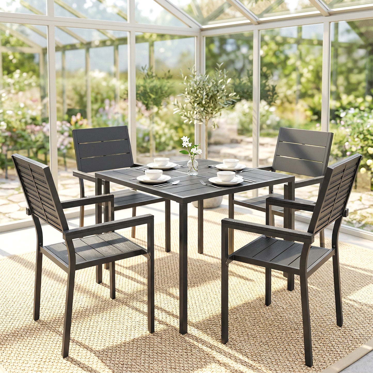 5 Pieces Garden Dining Set, Outdoor Furniture with HDPE Table