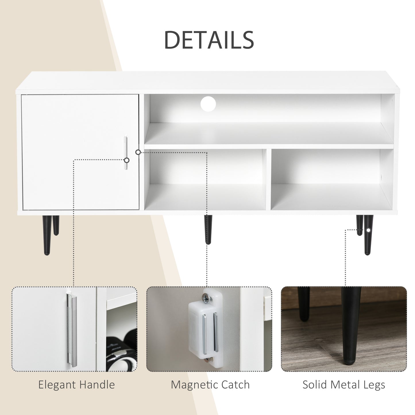 TV Stand Cabinet with Shelves and Cable Hole for Living Room, White