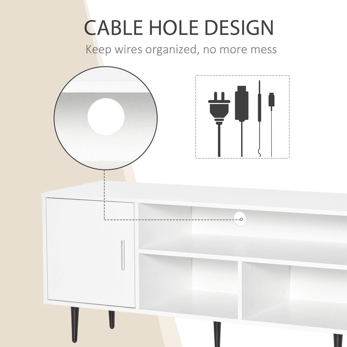 TV Stand Cabinet with Shelves and Cable Hole for Living Room, White