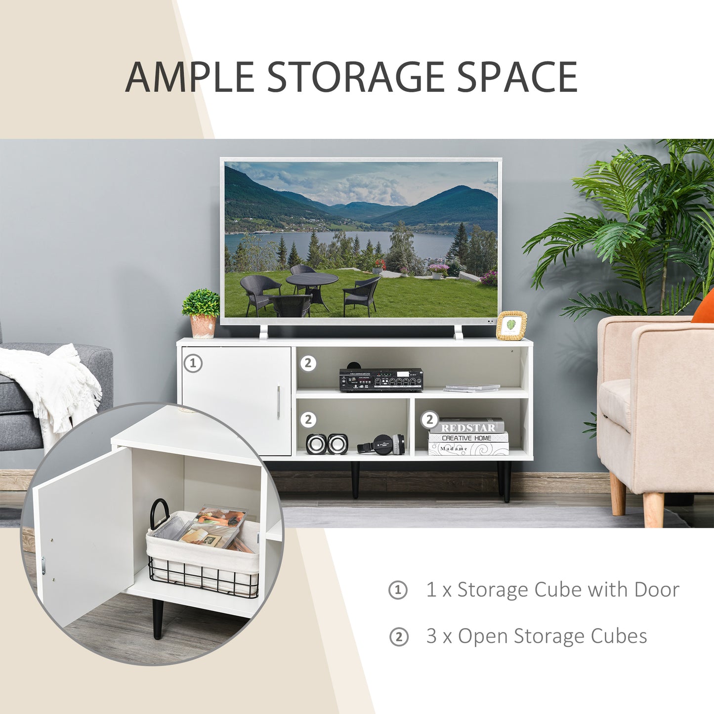 TV Stand Cabinet with Shelves and Cable Hole for Living Room, White