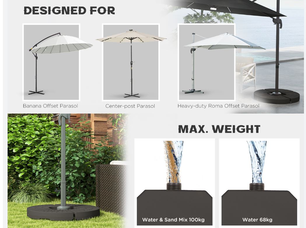 4-Piece Parasol Base Cantilever Offset Patio Umbrella Circular Base Stand w/Carry Handles, Water & Sand Filled