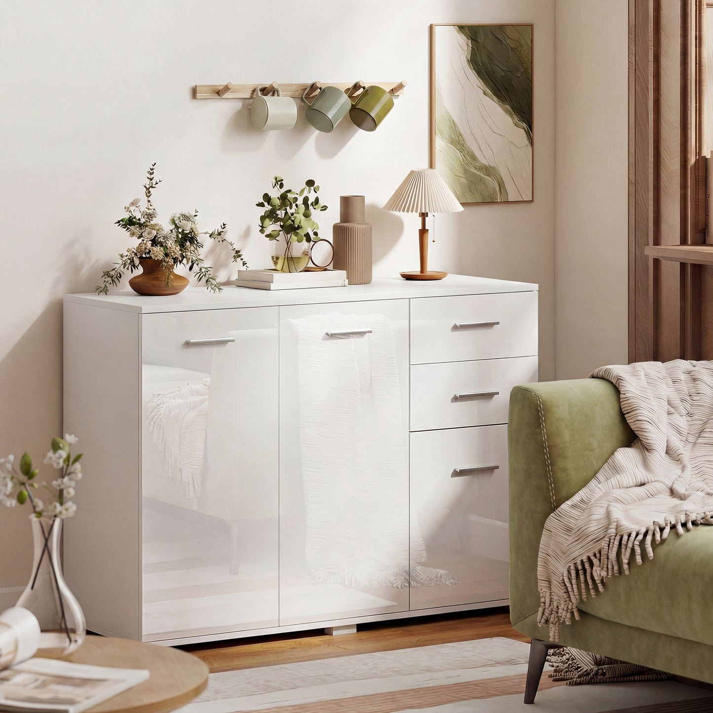 Modern Sideboard Kitchen Storage Cabinet, High Gloss White