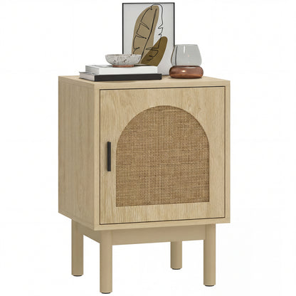 Rattan Bedside Table, Boho Bedside Cabinet with Adjustable Shelf and Solid Wood Legs, Side Table for Living Room, Bedroom, Natural Wood