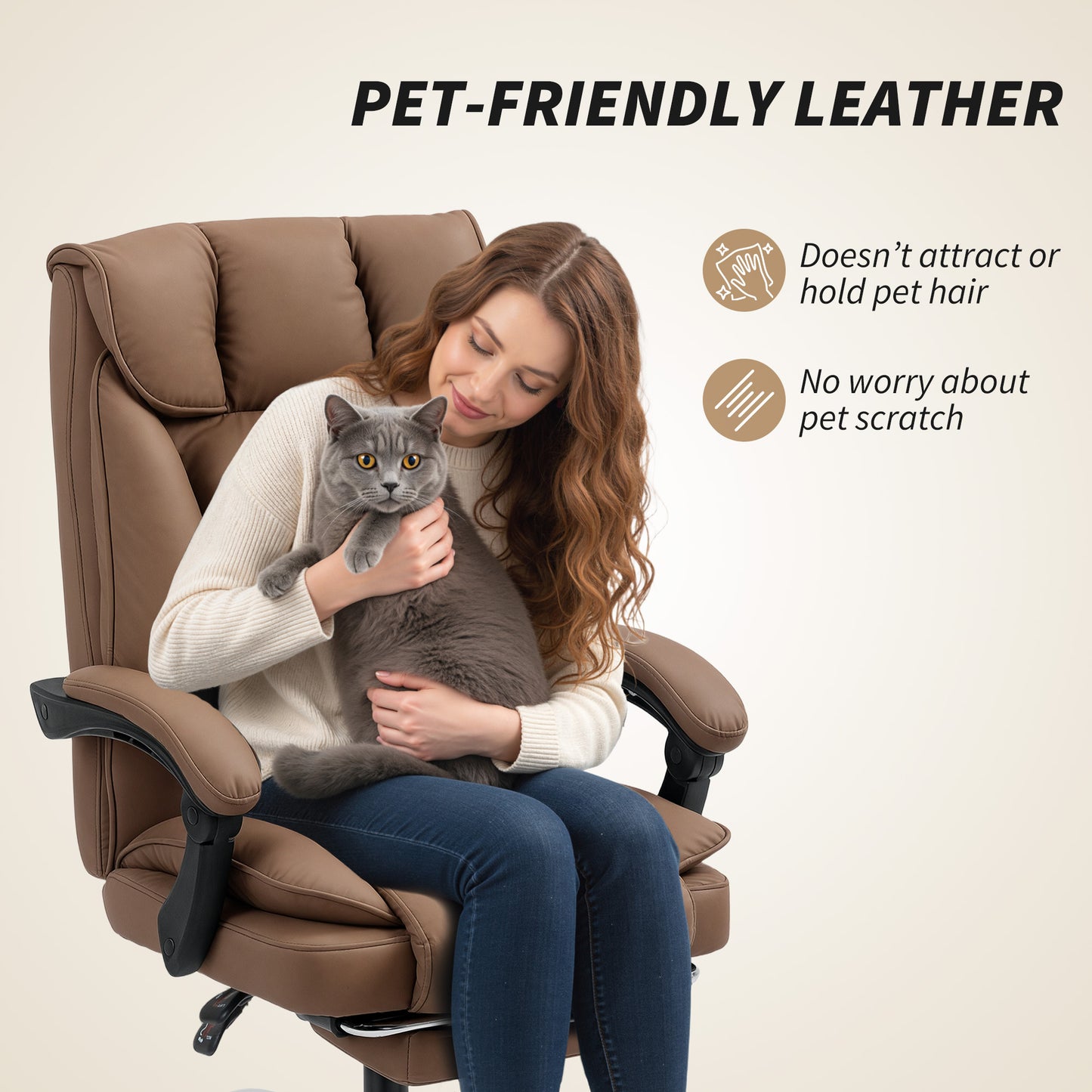 Pet-Friendly Leather Recliner Computer Chair with Footrest, Brown