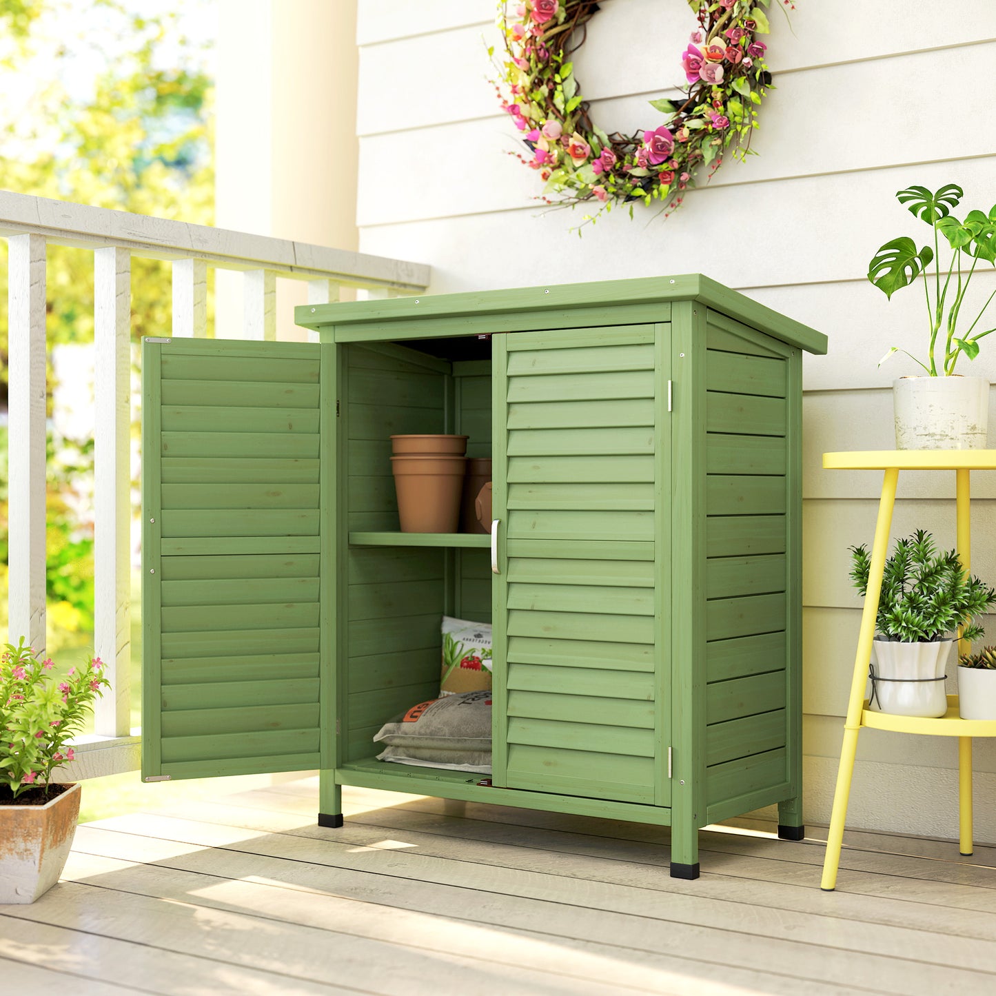 Garden Storage Shed Solid Wood Garage Organisation w/ Doors, Green