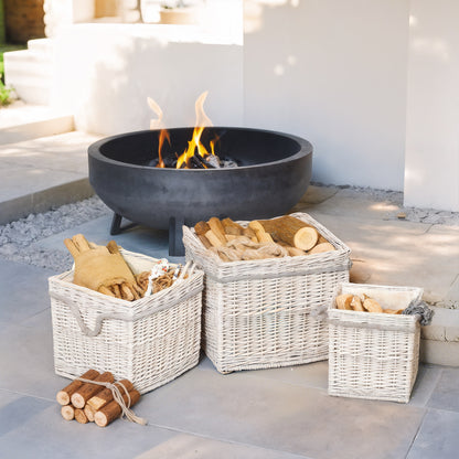 Set of 3 Log Baskets for Wood Burner Indoor, Round Storage Basket with Lining and Rope Handles for Fireside Storage, Blankets, Beige