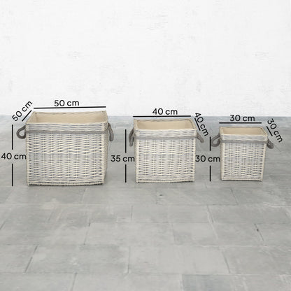 Set of 3 Log Baskets for Wood Burner Indoor, Round Storage Basket with Lining and Rope Handles for Fireside Storage, Blankets, Beige