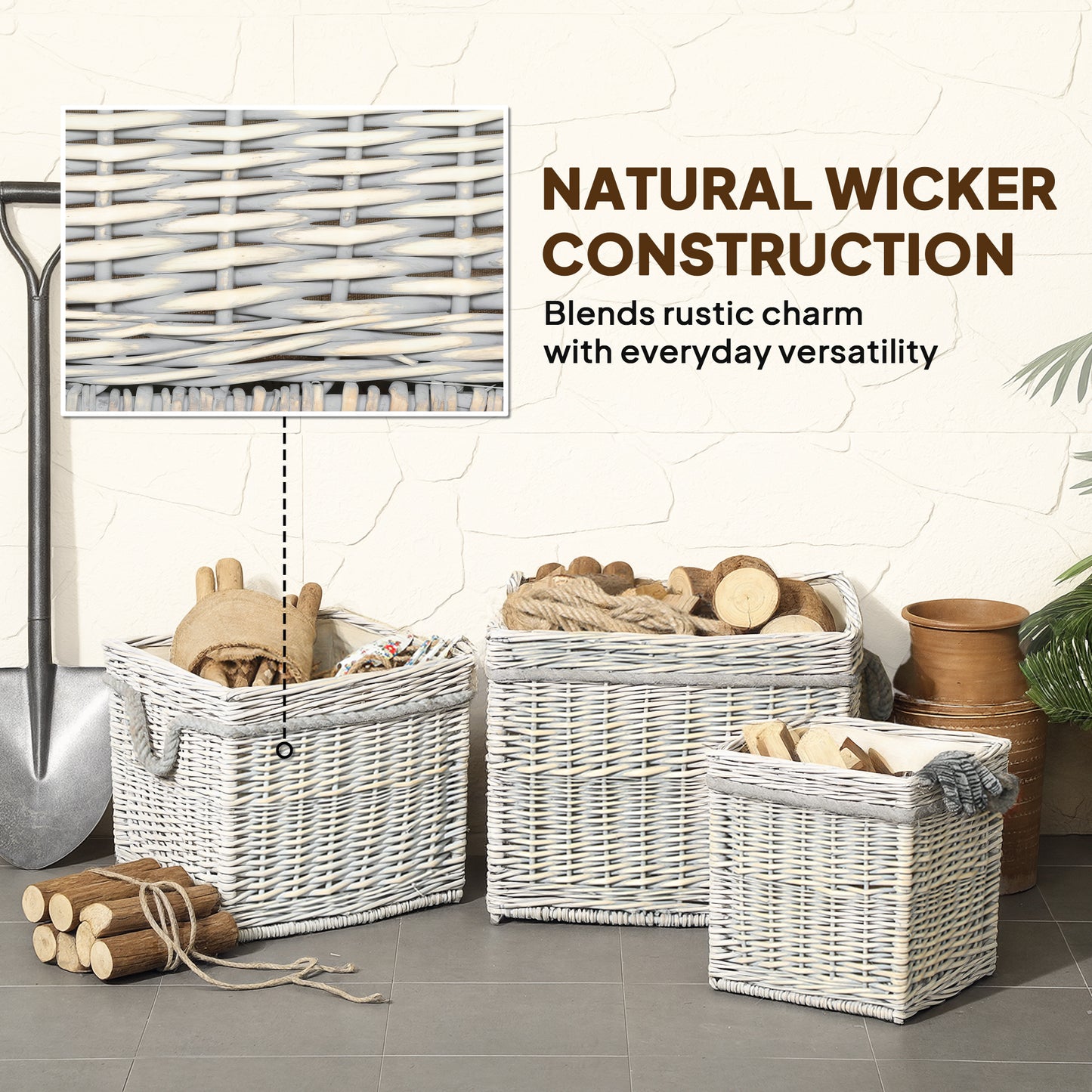 Set of 3 Log Baskets for Wood Burner Indoor, Round Storage Basket with Lining and Rope Handles for Fireside Storage, Blankets, Beige