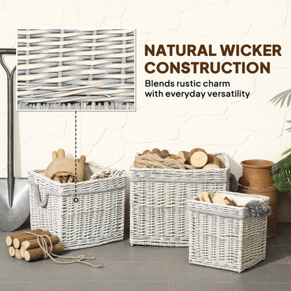 Set of 3 Log Baskets for Wood Burner Indoor, Round Storage Basket with Lining and Rope Handles for Fireside Storage, Blankets, Beige
