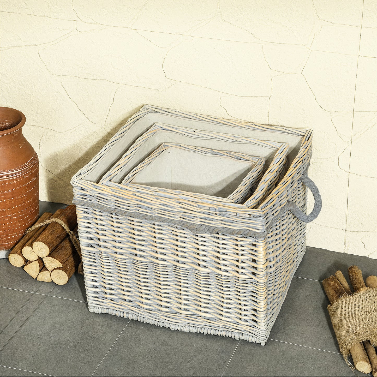 Set of 3 Log Baskets for Wood Burner Indoor, Round Storage Basket with Lining and Rope Handles for Fireside Storage, Blankets, Beige