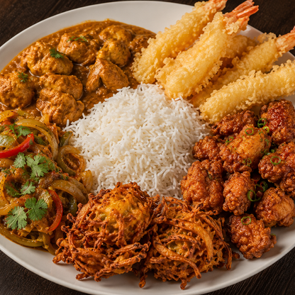 Asian-Inspired Lunch Platter - Just £14.99pp at Saffron Restaurant. Choose From Tempura Prawns, Chicken Tikka, Katsu Chicken Curry, Vegetable Dupiaza and more!