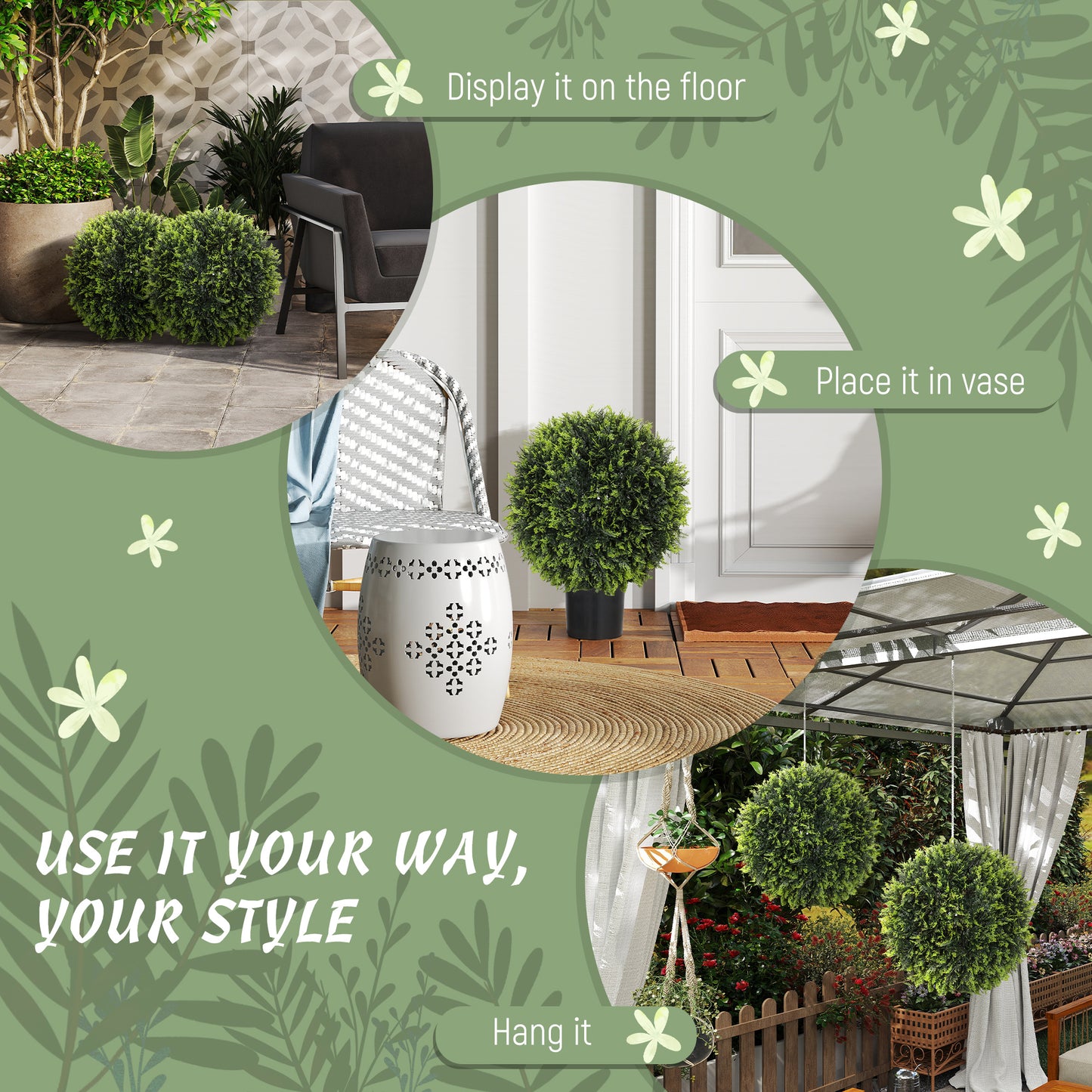 Set of 2 Artificial Plant Topiary Balls, Faux Plants for Decor, Green