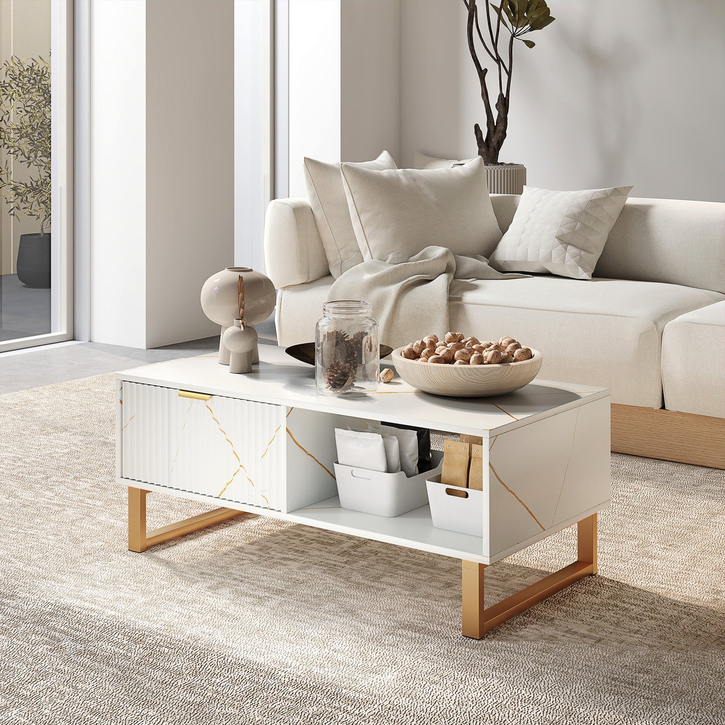 Coffee Table, Living Room Table with Drawer and Open Shelves, White