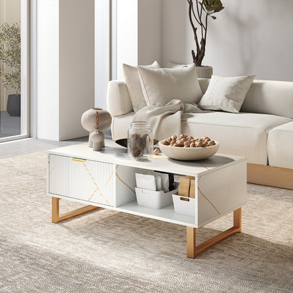 Coffee Table, Living Room Table with Drawer and Open Shelves, White