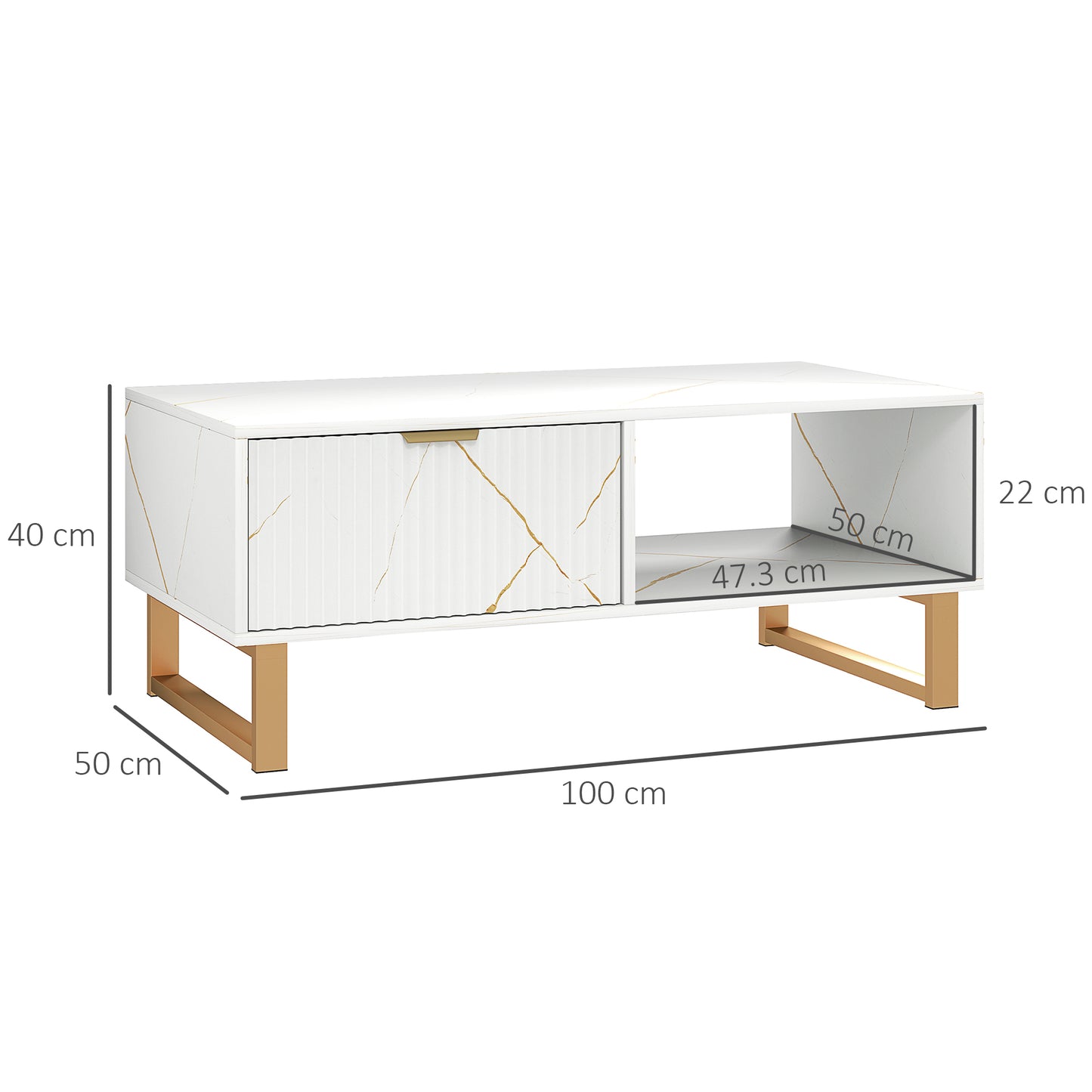Coffee Table, Living Room Table with Drawer and Open Shelves, White