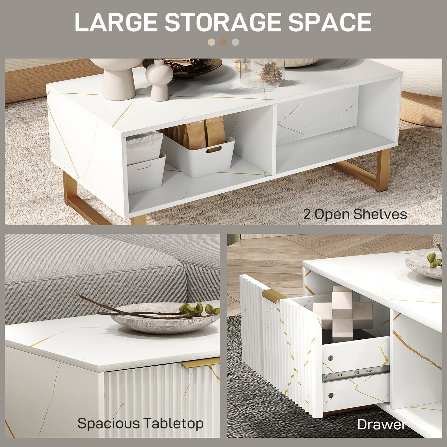 Coffee Table, Living Room Table with Drawer and Open Shelves, White